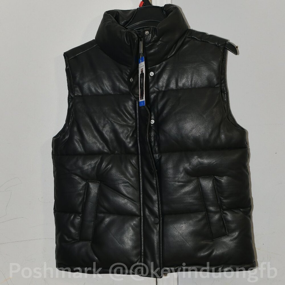 Faux Leather Full Zip Puffer Vest Black Women's, brand :Marc New York
